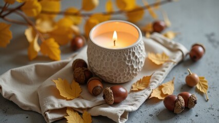 Fototapeta premium Burning candle in textured pot with acorns and autumn leaves