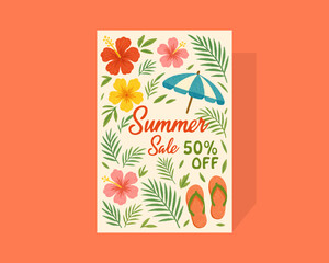Summer discount postcard with “Be 50% Off” lettering, flip‑flops, flowers and leaves in a playful tropical design perfect for summer sale promotion. Vector illustration.