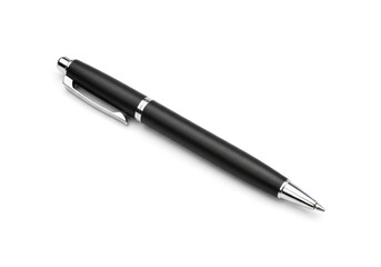A sleek black ballpoint pen with a silver clip, lying diagonally on a clean white background.

