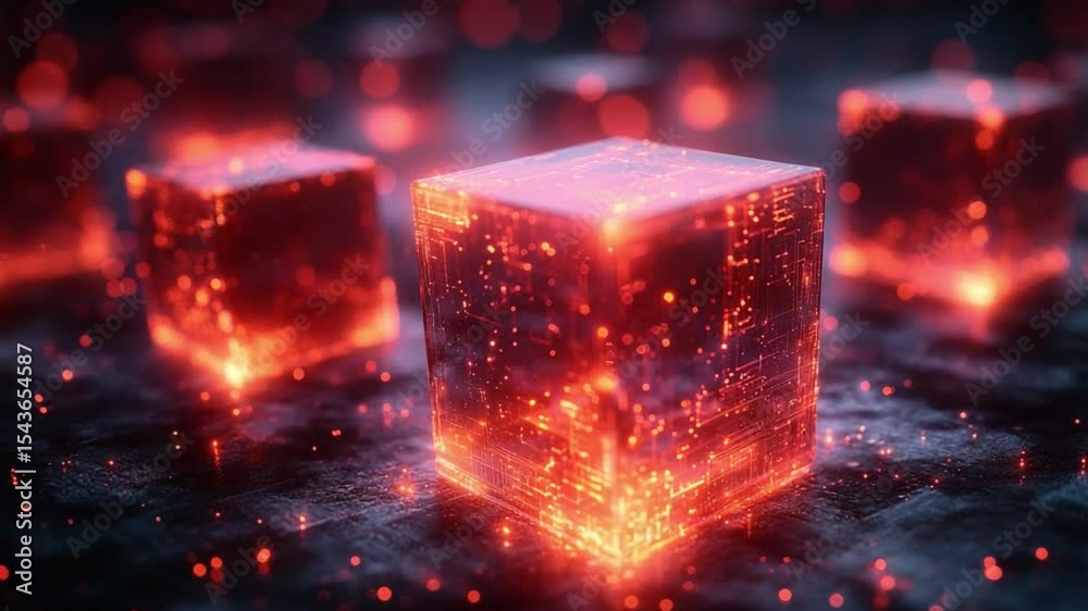 Poster Digital Cubes of Technological Advancement: A cluster of luminous, red cubes floats in a sea of ethereal mist, suggesting interconnectedness and progress.