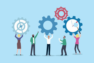 Diverse Teamwork People Holding Gears Illustrating Collaboration and Problem Solving