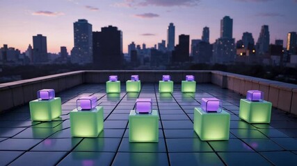 Panning camera across rooftop terrace, showcasing glowing green cubes topped with purple cubes - Powered by Adobe