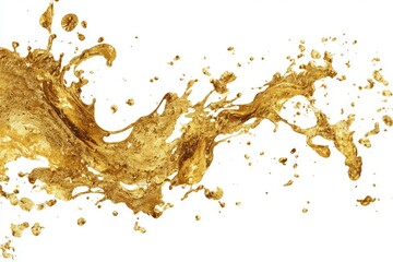 Golden liquid splash against white background.  A vibrant, dynamic golden liquid erupts in an exciting, artistic splash pattern