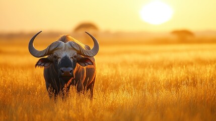 Majestic buffalo at golden sunset