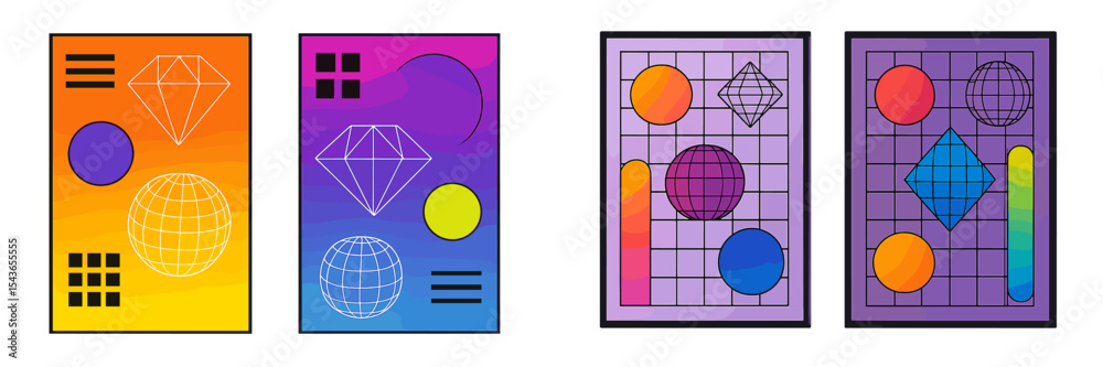 Aufkleber Modern geometric artwork featuring colorful shapes and grid patterns in vibrant tones displayed in an artistic setting