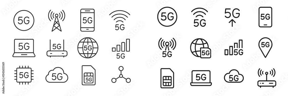 Poster icon collection illustrating 5g technology concepts, including devices, connections, and network ele