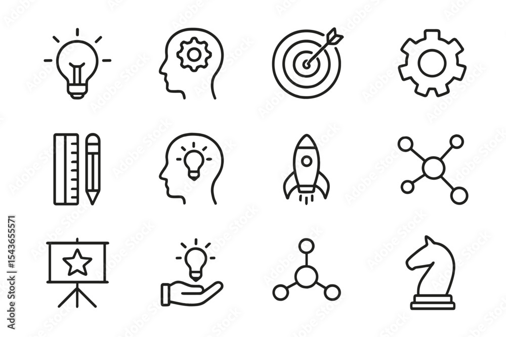 Poster concepts of innovation and creativity represented through various icons in a minimalist style