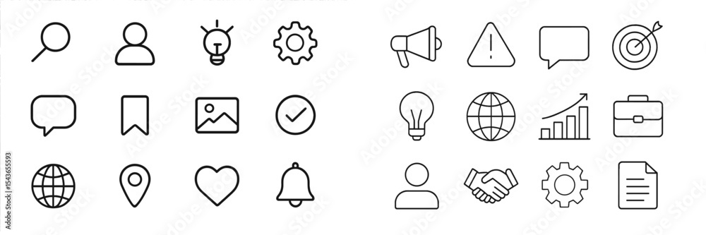 Poster Collection of simple line icons representing communication, technology, and various symbols for design and digital projects