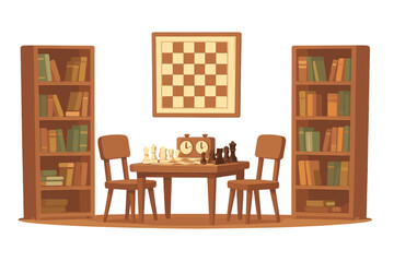 Chess setup in a cozy library with bookshelves and a timer arranged for a casual game