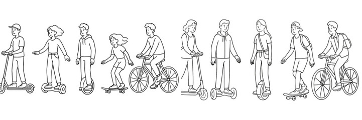 People enjoying various modes of transportation in a lively and active urban environment with fun movements