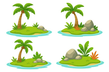 Fototapeta premium Tropical island illustrations featuring palm trees, rocks, and vibrant bushes in a serene setting by the water