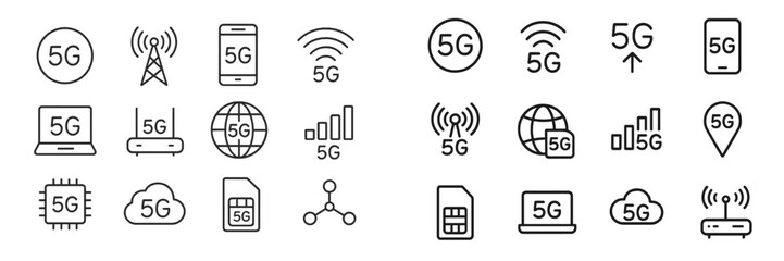 Icon collection illustrating 5G technology concepts, including devices, connections, and network elements in a modern design