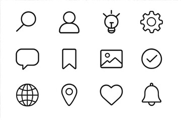 Icons representing various concepts such as search, user, idea, settings, communication, location, and notifications in a minimalistic style