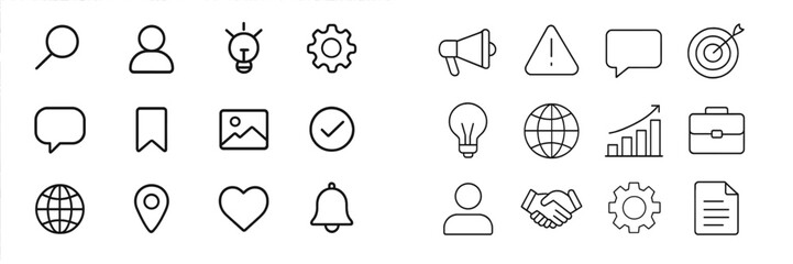 Collection of simple line icons representing communication, technology, and various symbols for design and digital projects