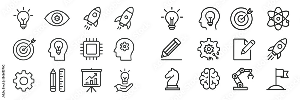Poster creative symbols representing innovation, technology, and idea generation in a minimalist design