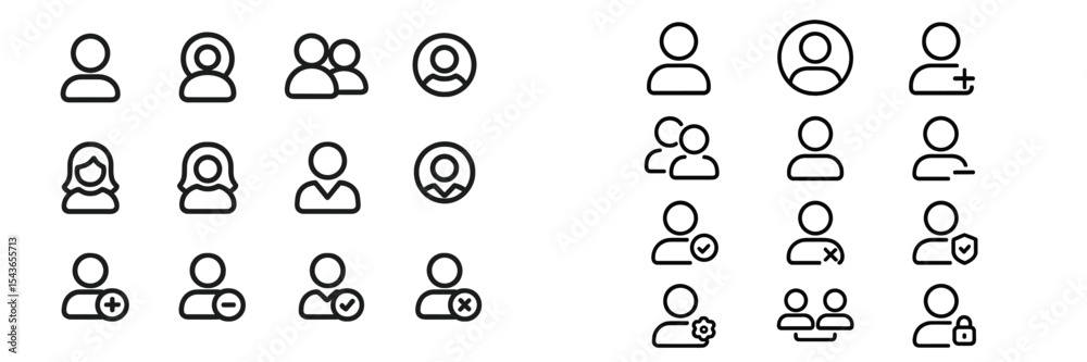 Poster Collection of simple outline icons representing user profiles, activities, and interactions for digital platforms and applications