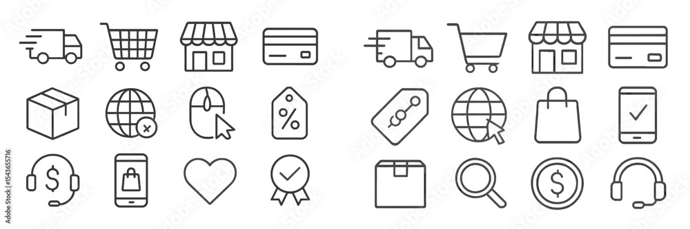 Poster collection of minimalistic icons representing shopping concepts, online retail, and delivery service