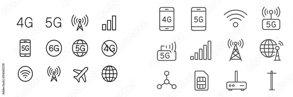 Poster various icons representing mobile network generations and connectivity options featuring 4g, 5g, and