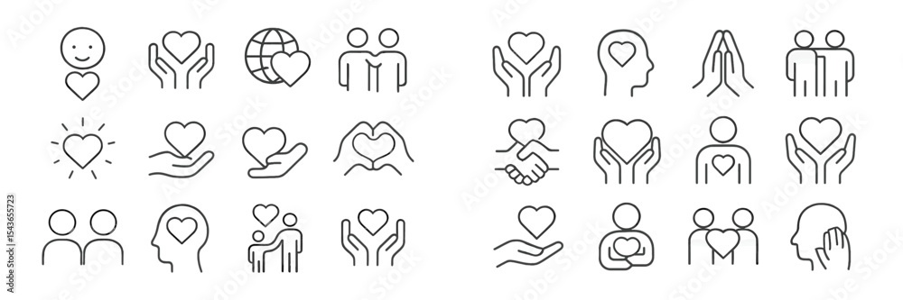 Poster symbols of love and connection featuring diverse designs illustrating unity and compassion among ind