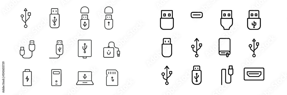 Poster collection of usb symbols and connectors displayed in a modern graphic design