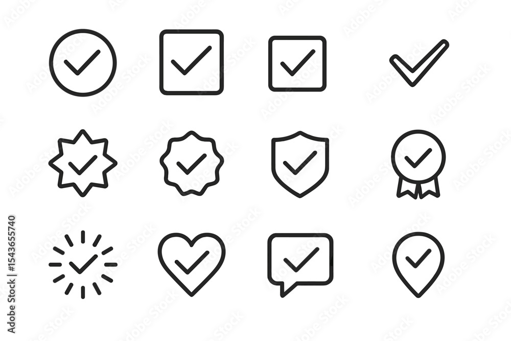 Poster collection of checkmark symbols including various shapes and styles on a minimalist background for d