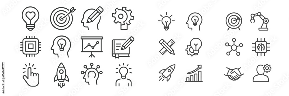 Poster creative thinking symbols collection depicting various ideas, innovation, and technology themes in a