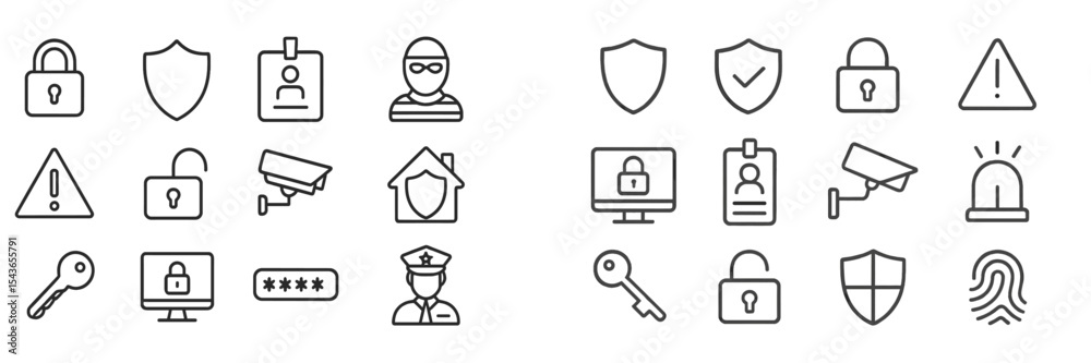 Poster collection of security icons representing various aspects of safety and surveillance systems in a mo