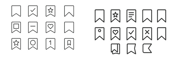 Multiple simple icons representing various bookmarks and symbols designed for user interface applications and graphic design projects