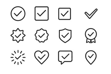Collection of checkmark symbols including various shapes and styles on a minimalist background for design purposes