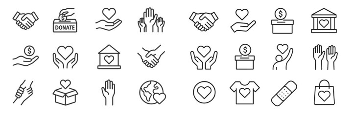 Icons representing charity and community support with hands, hearts, and donations in a continuous line design