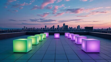Pulling back camera revealing illuminated cubes on rooftop terrace, with green and purple rows - Powered by Adobe