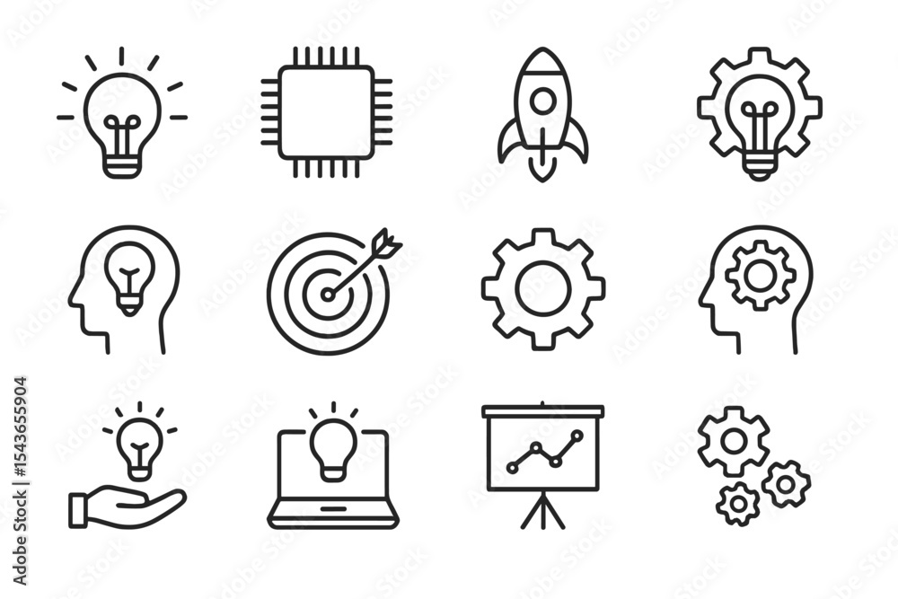 Poster various symbols representing innovation, technology, and creativity in a minimalist design style for