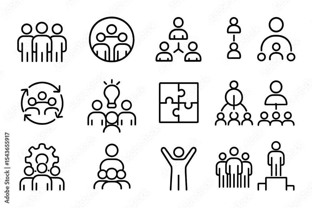 Poster various illustrations representing teamwork, collaboration, leadership, and problem-solving concepts