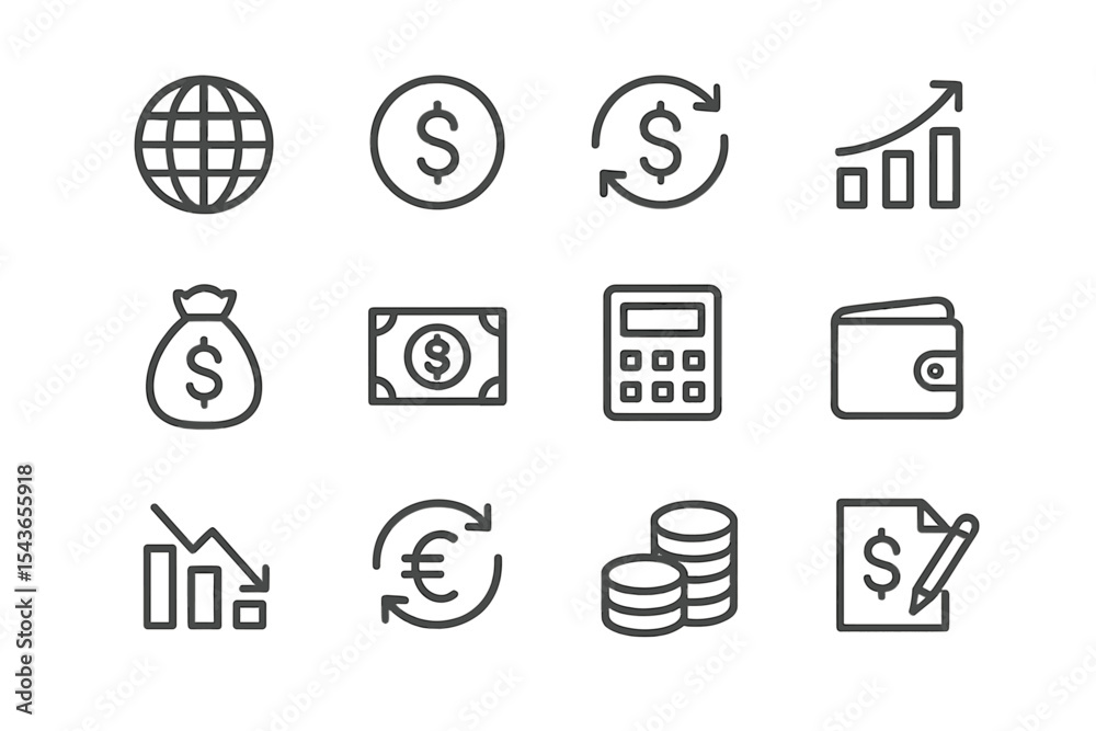 Poster Icons representing global finance concepts and currency management in a minimalist design