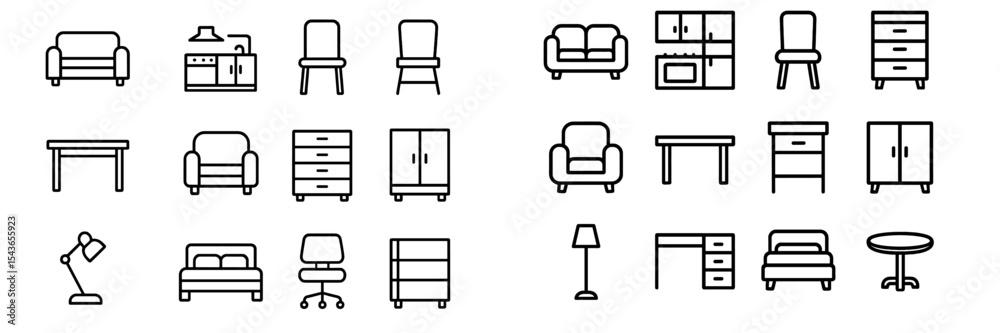 Poster collection of minimalistic furniture icons in black and white showcasing various household items and