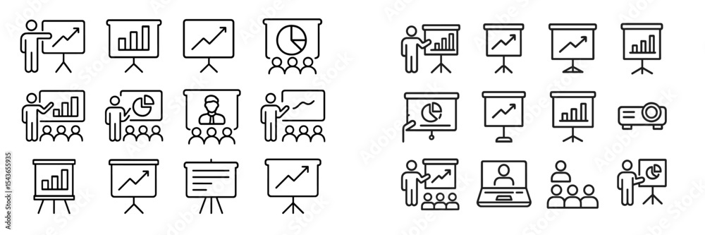 Poster presentation icons illustrating data analysis, business growth, and teamwork in a professional setti