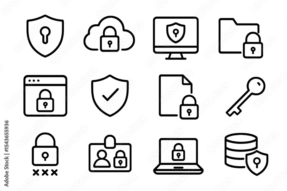 Poster Simple line icons representing various aspects of online security and data protection in a digital environment