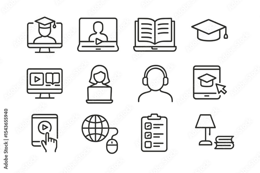 Poster educational technology icons representing online learning and virtual classrooms in a modern digital