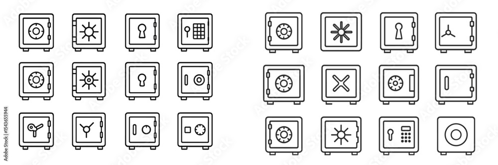 Poster Collection of outline designs of various safes showcasing different types and security features in a minimalist style