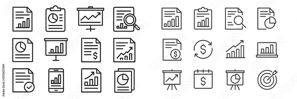 Poster collection of business and finance icons depicting charts, reports, and analytics in a minimalistic 