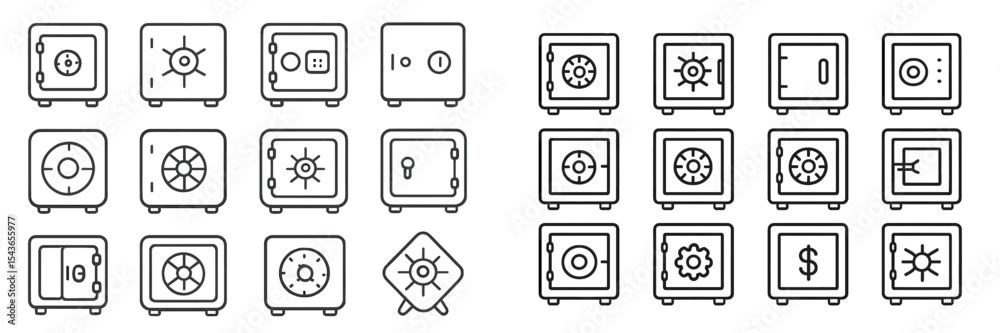 Poster Collection of simple line icons representing various types of safes in different designs and styles for security purposes
