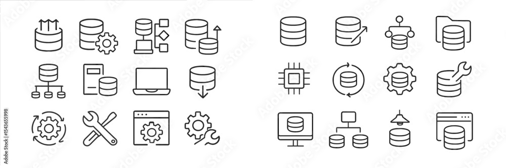 Poster collection of database icons illustrating various data management concepts, tools, and technology in
