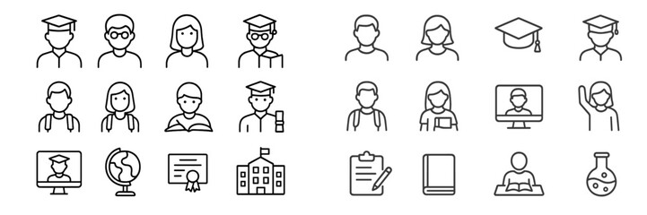 Fototapeta premium Diverse icons representing educational themes, student life, and academic achievements in a simple black and white design