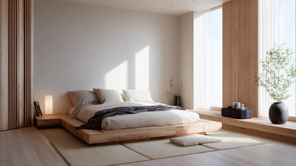 Minimalist bedroom interior with natural light and wooden accents