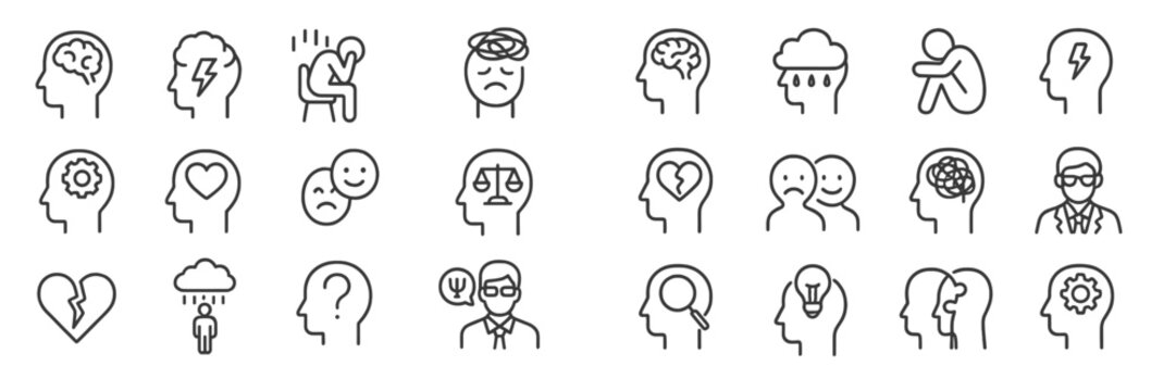 Exploring various mental health symbols and emotions in minimalistic line drawings showcasing psychological themes