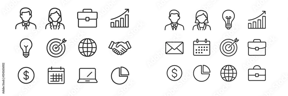 Poster business and teamwork icons depicting various concepts related to collaboration, finance, and produc