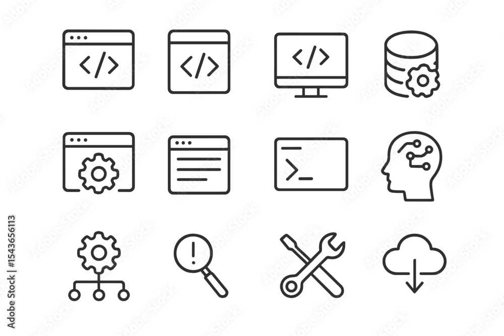 Poster collection of coding and technology icons illustrating software development concepts and tools in a 