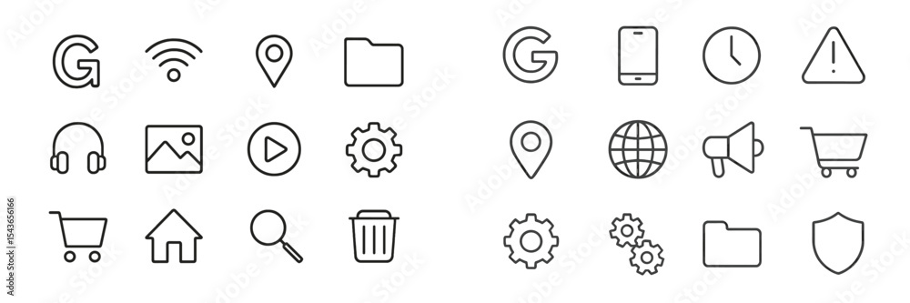 Poster collection of minimalist line icons representing technology, navigation, and communication elements 