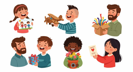 Fototapeta premium A delightful cartoon illustration set of children in various poses, showcasing a diverse group of smiling boys and girls playing and having fun
