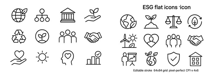 Concepts of environmental, social, and governance principles represented through flat design icons in a modern layout